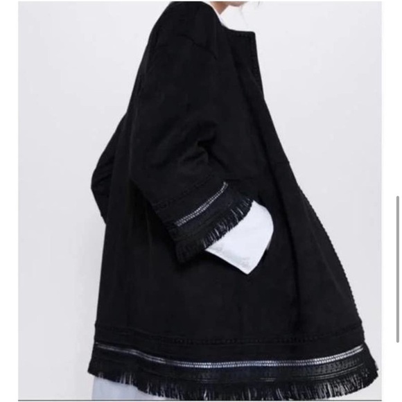 ZARA Faux Suede Fringed Trim Boho Jacket in Black Medium Women’s Festival - Picture 7 of 15